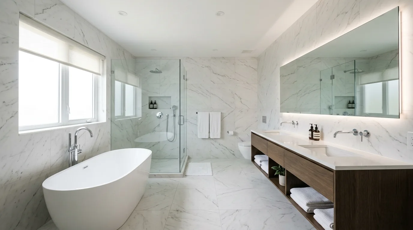 Bathroom with elegant tile surfaces and layered material contrast.